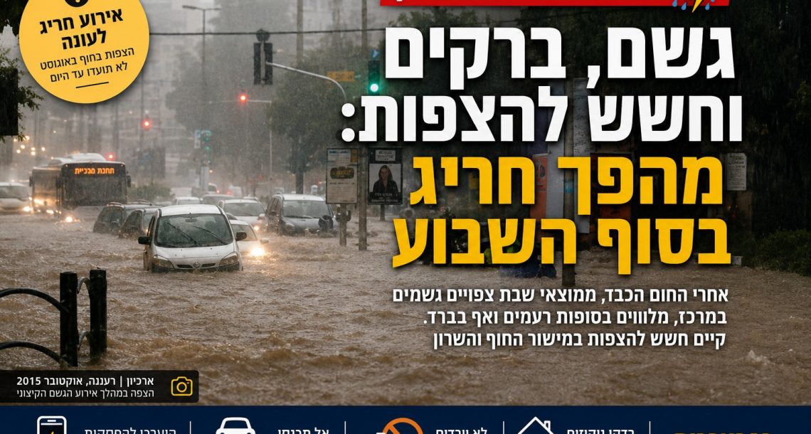 גשם, ברקים וחשש להצפות: מהפך חריג במזג האוויר צפוי בסוף השבוע בשרון
